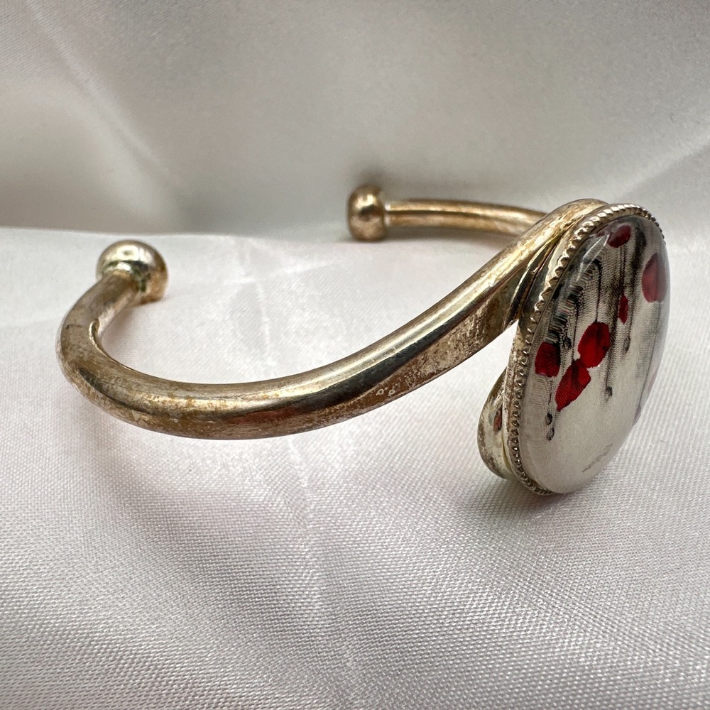 Vibrant 80s Red Poppy Flower Silver Tone Cabochon Cuff Bracelet